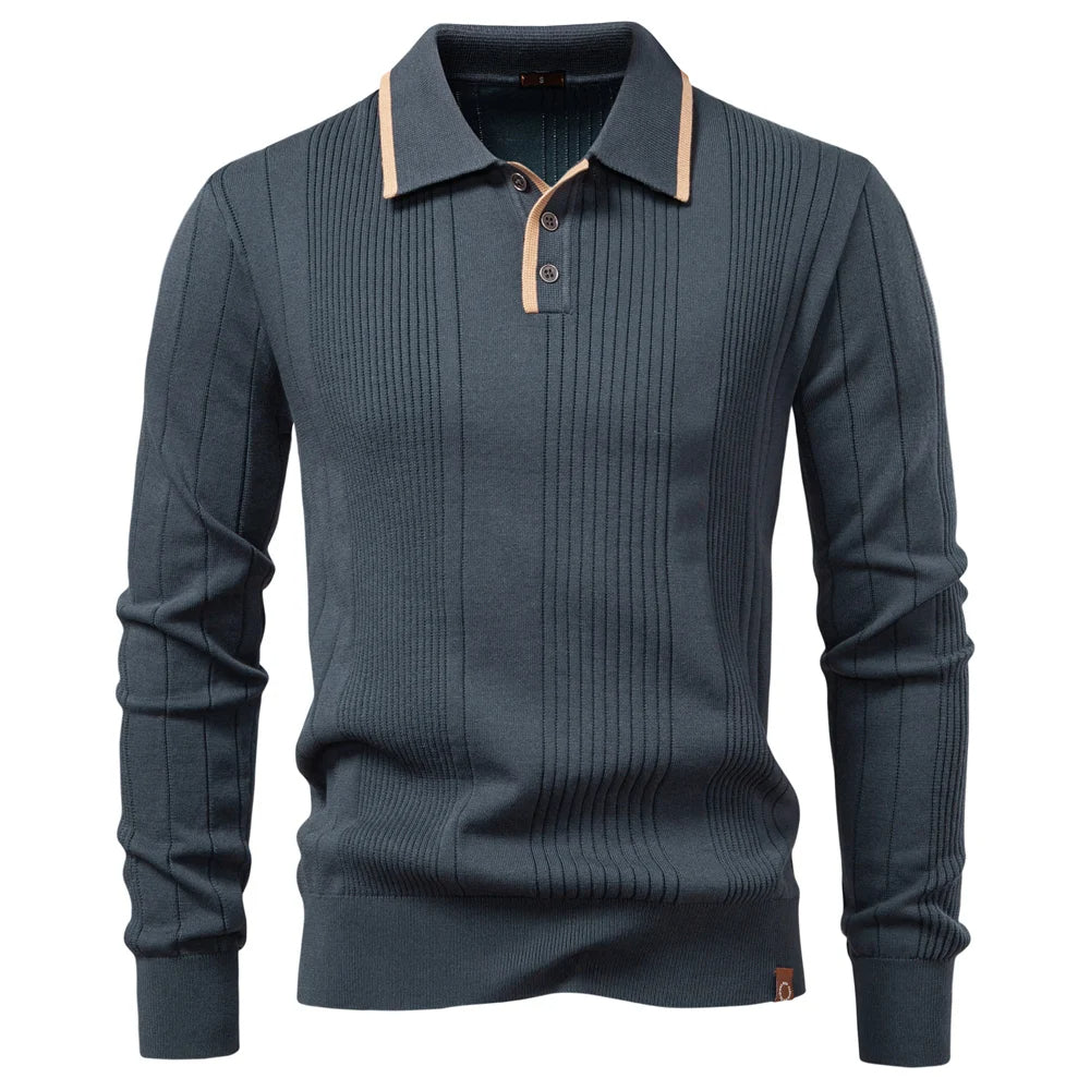 Langford Men Polo Knit Shirt Long Sleeve Button